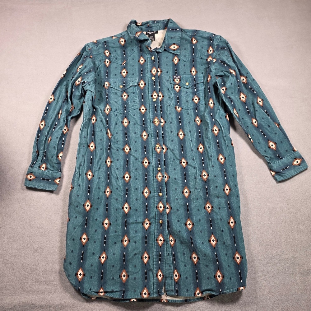Wrangler Retro Shirt Women Large Blue Corduroy Southwestern Aztec Pearl Snap